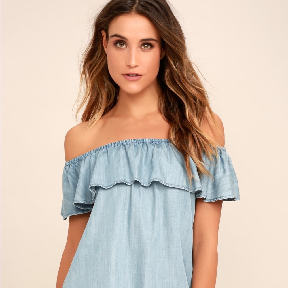 Light Blue Chambray Off-the-Shoulder Dress